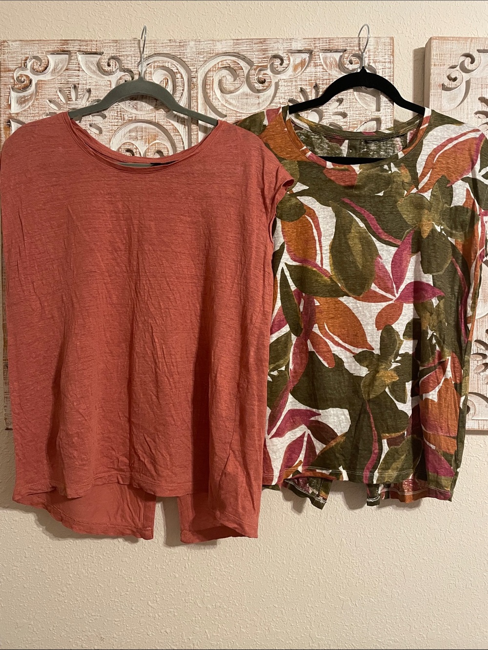 Tahari Coral Short Sleeve Tee and Olive Multi Leaf Print Top